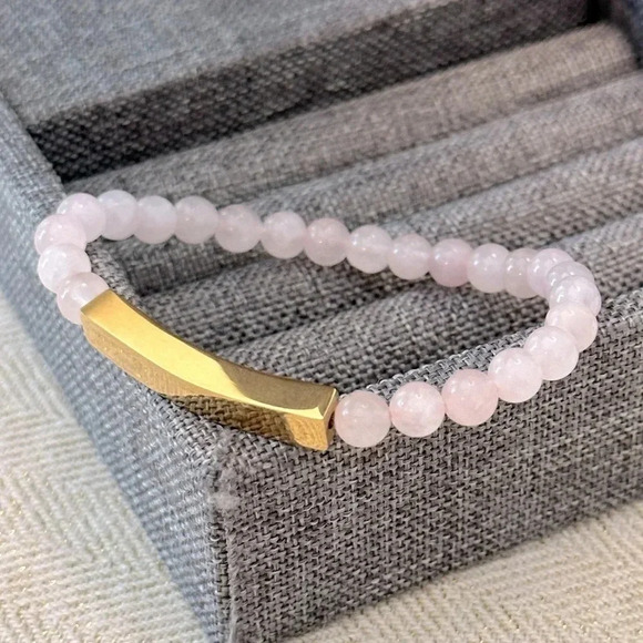 Pink Rose Quartz Beaded 18k PVD Stainless Steel Bar Stretch Bracelet Waterproof - Picture 1 of 5